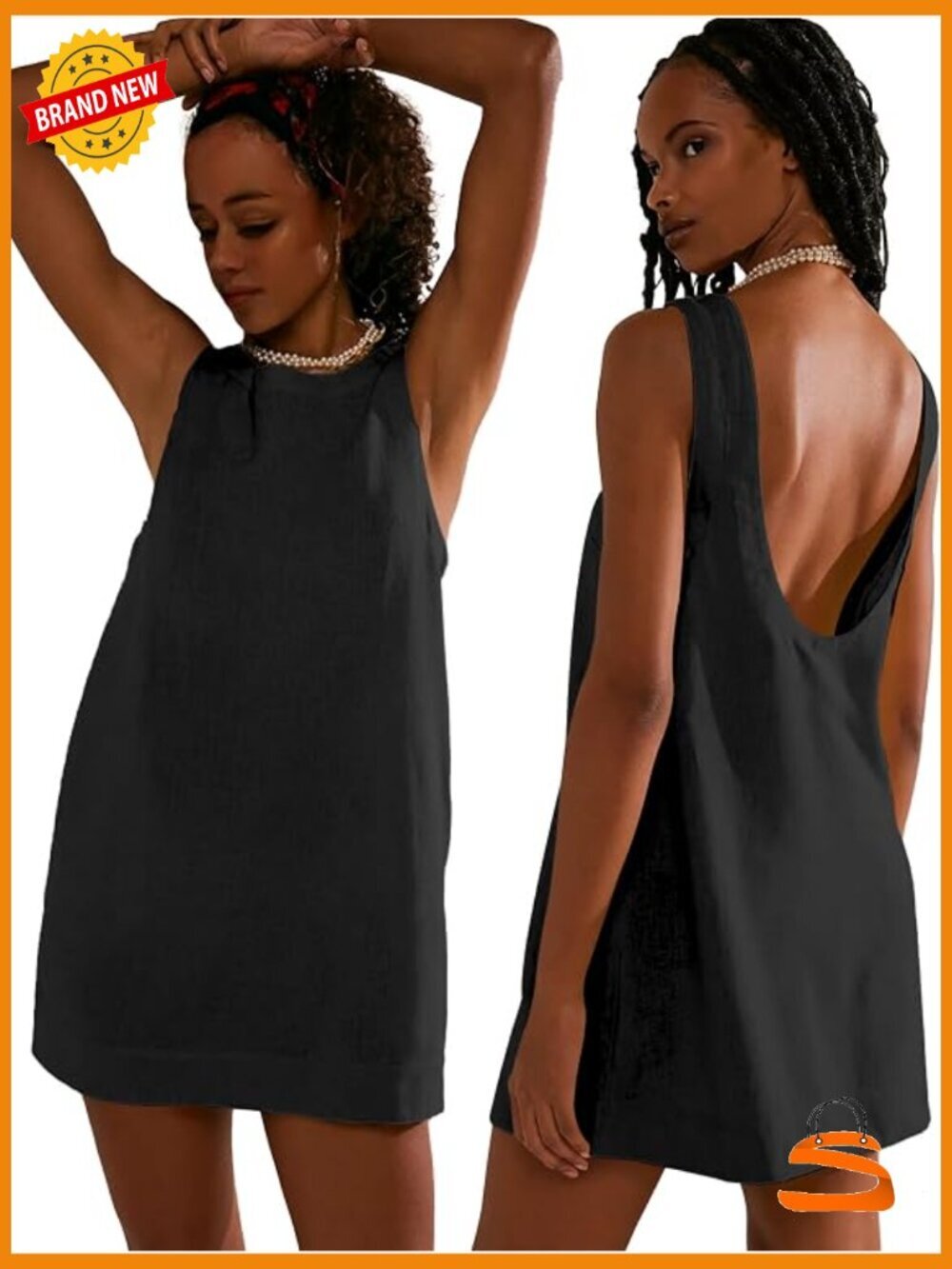 Sleeveless Linen Blend Mini Dress Boat Neck Backless Tank Dress with Pockets